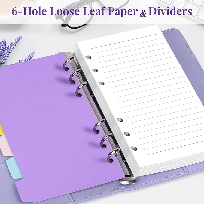 A6 Refill Paper Planner Inserts, 6-Hole Loose Leaf Paper, College Ruled Loose Leaf with Binder Dividers, Punched Notebook Refills for 6-Ring Refillable Binder, 240 Pages, White