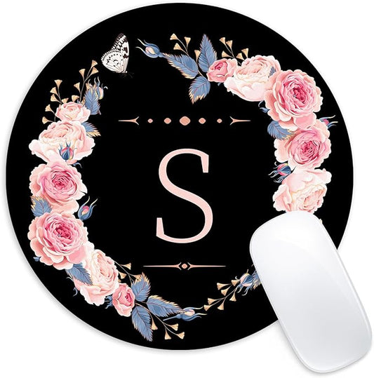 Letter S Black and Pink Flowers Round Mouse Pad, Funny Small Mouse Mat with Non-Slip Rubber Base, Home Office Decor Desk Accessory, 8.7inch Round