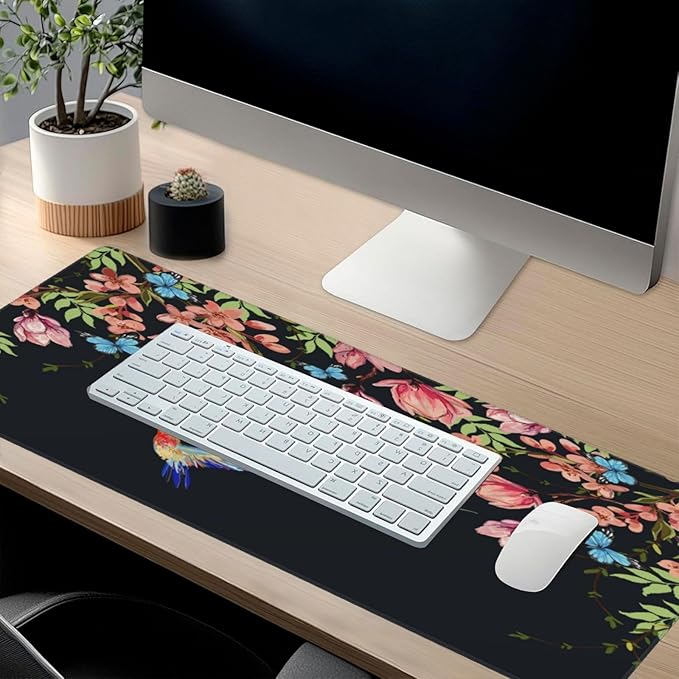 Extra Large Mouse Pads Hummingbirds and Flowers XXL Extended Mousepad with Stitched Edges Non-Slip Rubber Base Computer Keyboard Pad Desk Mat for Home Office Desk Decor, 35.4" X 15.7"