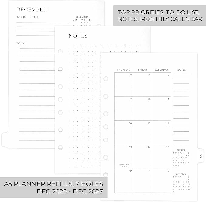 Beautiful 2026-2027 Monthly Planner Refill for 7 Ring Binders – Durable A5 Paper Insert Set 5.5" x 8.3" - Refills Incl. Tabs & Monthly, Yearly Calendar Spreads - From December 2025 - December 2027