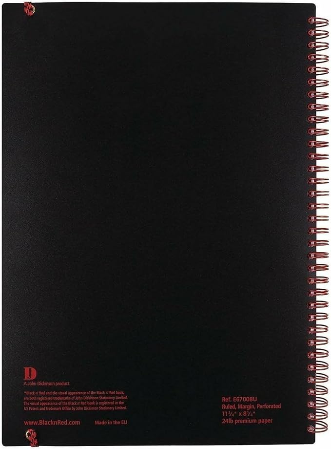Black n' Red Notebook, Business Journal, 11-3/4" x 8-1/4", 70 Sheets, Ruled, Optik Paper, Scribzee App, Flexible Poly Cover, Wirebound, Black (E67008)