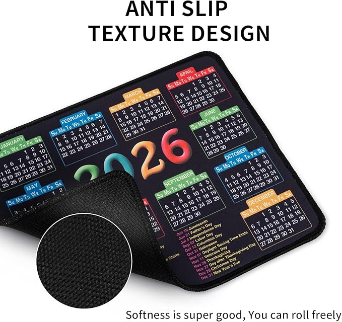 Mouse Pad with Stitched Edge, Computer Mouse Mat with Non-Slip Rubber Base, 2026 Calendar Mousepad