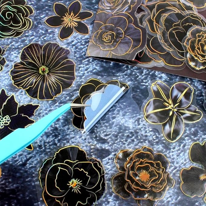 120 Pieces Gothic PET Stickers for Journaling Adults, Black Rose Flowers with Gold Foil Edges, Floral Sticker for Scrapbooking, Junk Journal, Bujo, Collage, Planners, Card Making