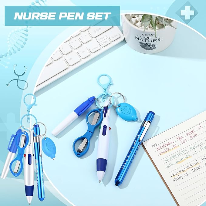 6 Pcs Nurse Pen Set Include Permanent Marker Pen Retractable Ballpoint Pen Keychain Clip Foldable Scissors Lights LED Flashlight Keychain for Nurse Accessories(Blue)