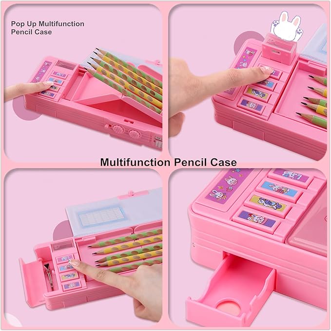 Pop up Multifunction Pencil Case for Kids, kawaii Pen Box Bag Pencil Holder for School Students,Cute Pencil box for Girls and Boys with Sharpener,Password Lock, Schedule, Whiteboard (Pink3)
