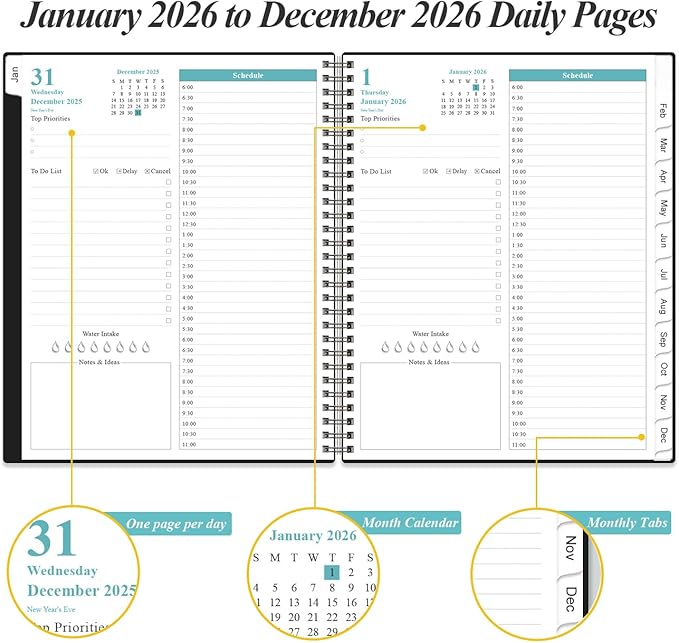 Daily Planner 2026 Full Page Per Day- 2026 Daily & Monthly Planner from January 2026 to December 2026, Day Planner 2026 with 12 Months Tabs, 8.5" x 11", Black