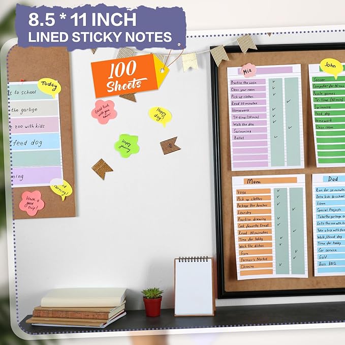 2 Pads 100 Sheets Large White Lined Sticky Notes 8.5 x 11 Inch Self Stick Note Pads White Self Adhesive Sticky Notepad for Home Office Supplies School Gift Set
