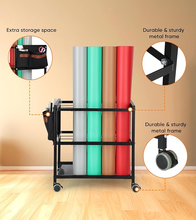 Blueprint Storage Rack Cart with Side Storage Bags, 20 Slots(3.2" x 3.2") Double-Layer Grids Metal Mobile Blueprint Holder with Silent Non Slip Wheels for Home, Office, School