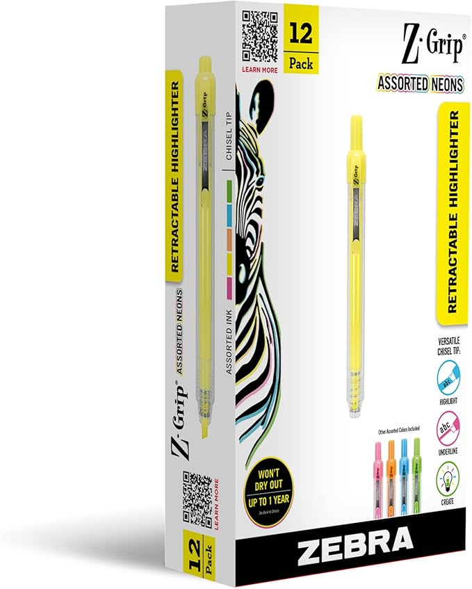 Zebra Pen, Z-Grip Retractable Highlighters, Chisel Tip, Assorted Neon Colors, Transparent Barrel, Click-Style Retractable Design, Built-In Metal Clip, Ideal for School and Office, 12-Pack (71200)