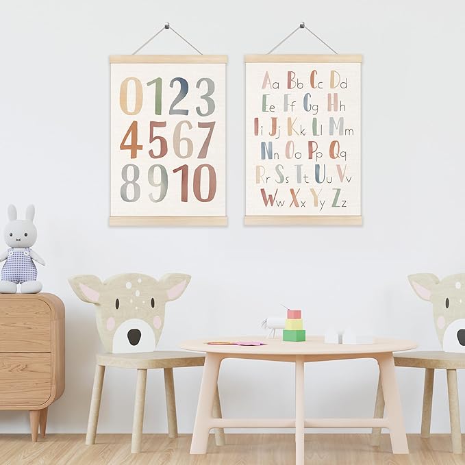 Koesus Boho Classroom Alphabet Numbers 1-10 Wall Art Poster Hanger Frame 12x16 Inch Set of 2, Educational Canvas Pictures Prints Framed Wall Decor for Toddler Kids Room Nursery Classroom Playroom