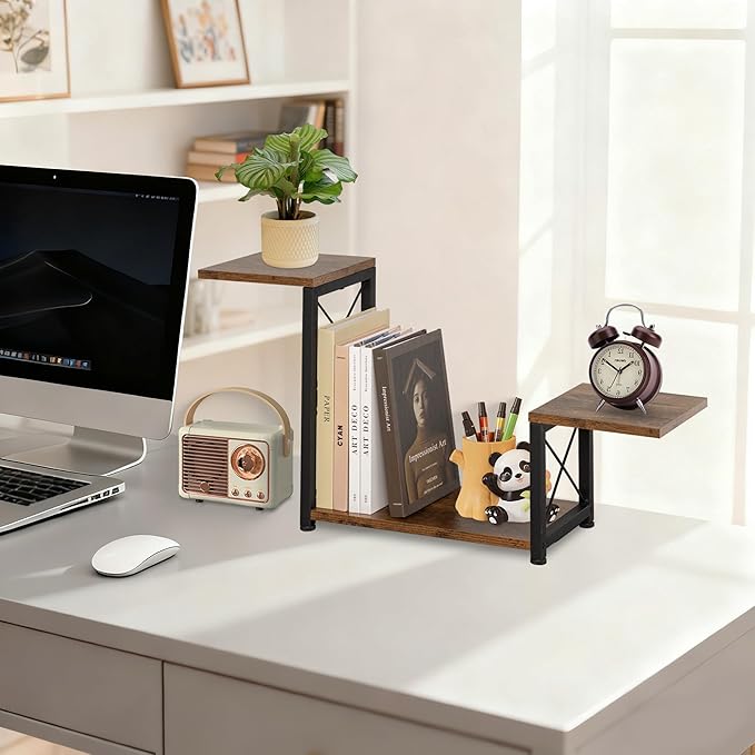 Desk Shelf Organizer, 3 Tier Storage Shelf Riser Display Stand, Wood Desktop Organizer Small Bookshelf, Desktop Shelf for Office Decor and Desk Accessories,Rustic Brown Black