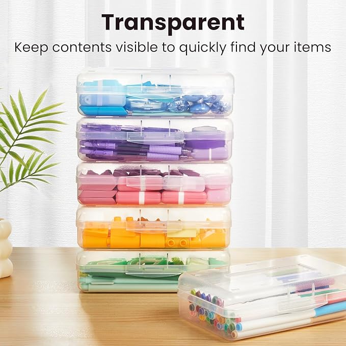 Sooez Plastic Pencil Case Box 6 Pack, Colored Large Craft Storage Bulk, Plastic Containers with Snap-tight Lids, Hobby Art School Supply Organizer, Marker Bead Pen Bins Organizer,Stackable