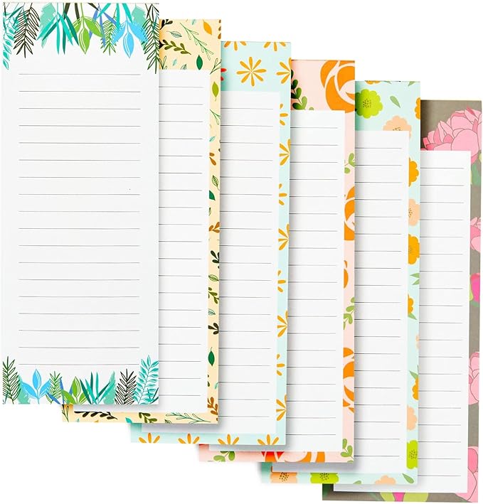 Juvale Magnetic Note Pads for Fridge - 6-Pack, 3.5 x 9 in, Floral Designs - Grocery List Notepad & To Do List Pad - Full Magnetic Backing