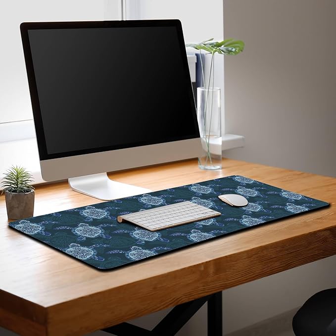 Computer Desk Mat Blue Mats, Gaming Mouse Pads Big Mouse Pad, Desk Pads Large Non-Slip Rubber Base Waterproof with Stitched Edges, 35.4 X 15.7 inch for Work/Game/Office/Home Turtle Pattern