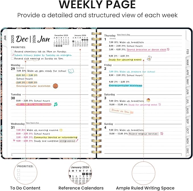 2026 Planner, Weekly and Monthly Calendar Planner for Women, Jan 2026 - Dec 2026, Hardcover Planning Agenda book with Tabs, Spiral Bound, Inner Pocket, Perfect for School Office Supplies, 6.3" x 8.5" - Verdant Leaf