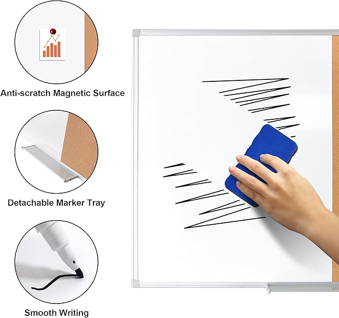 Cork Bulletin Board, 48 X 32 Inches White Magnetic Dry Erase Board, Large Wall Mounted Message Vision Notice Memo Pin Board for Office, Home and School