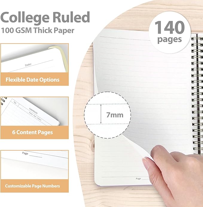 VALOME Journaling Notebooks, A5 Lined Spiral Notebook for Women & Men, 146 Pages College Ruled Hardcover Note Book for Work, Note Taking, Journaling, School, Writing (Beige)