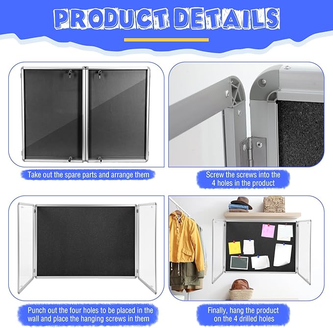 48"x36" Enclosed Bulletin Board Weather Resistant Lockable Outdoor Cork Fabric Display Board Aluminum Frame Wall Mounted 2 Locking Door for Office School Commercial 12xA4(Black, Silver Frame)