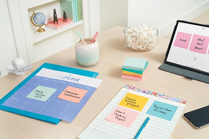 Post-it Notes, 4 in x 6 in, 5 Lined Sticky Note Pads, 100 Sheets per Pad, Beachside Café Collection, School Supplies and Office Products (Pack of 12)