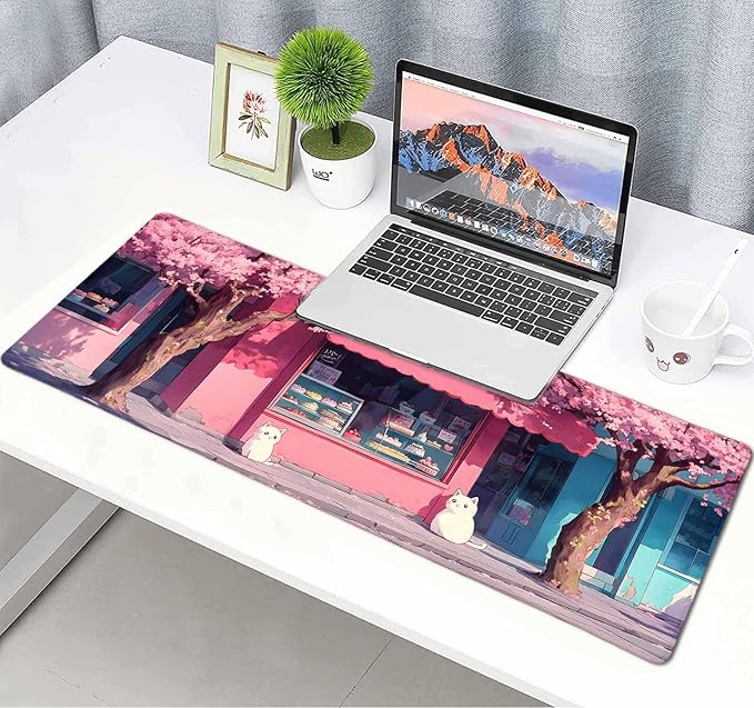 Cute Japanese Cartoon White Cat Large Mouse Pad, Desk Mat Computer Keyboard Pad Non-Slip Rubber Base Waterproof with Stitched Edges for Laptop Gaming, Office & Home 31.5 x 11.8 Inch (XL-20)