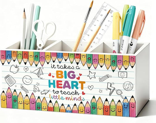 Teacher Pen Pencil Holder for Desk, Teacher Appreciation Gifts, It Takes a Big Heart to Help Shape Little Minds Wooden Box Sign Decorations for Office Classroom Desk Tabletop