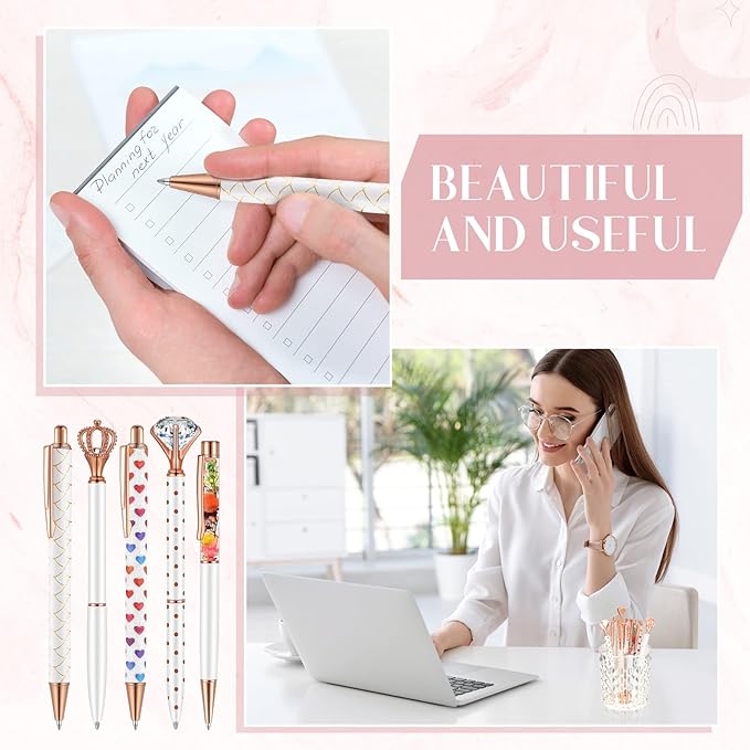 Janmini 9 Pcs Ballpoint Pens Set Metal Crystal Diamond Glitter Pens for Journaling Black Ink Pretty Cute Things Fancy Stationery Gifts for Women Girls Birthday Home Office Desk(White)