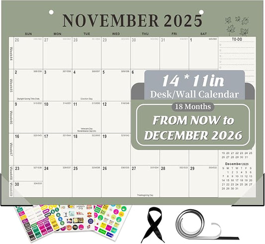 Gannyfer Desk Calendar 2026, Magnetic Calendar for Refrigerator, 18 Monthly Wall/Fridge/Desk Calendar 2026 with Hanging String, Magnetic Stripe, 3 Stickers, 2026 Calendar for Office, Home or School (14" x 11")