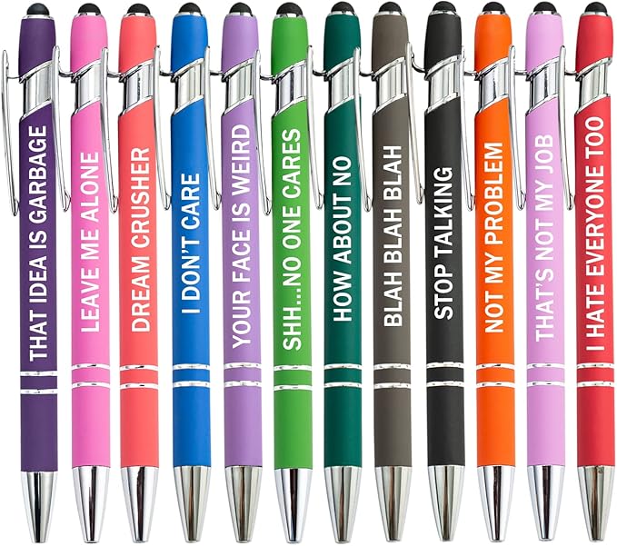 PASISIBICK 12 Pieces Funny Sarcastic Ballpoint Pens, Office Snarky Touch Screen Stylus Pen Encouraging, Black Ink (12 Color,Negative)