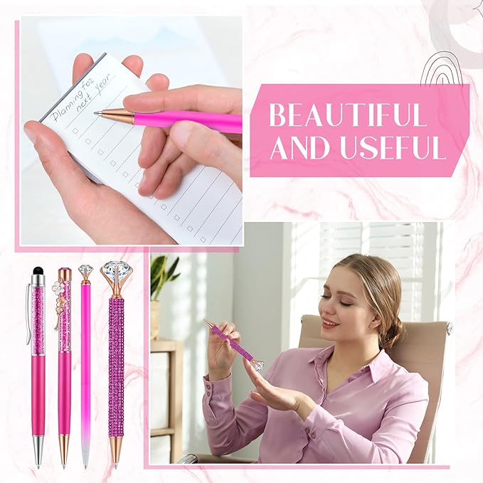 Janmini 9 Pcs Ballpoint Pens Set Metal Crystal Diamond Glitter Pens for Journaling Black Ink Pretty Cute Things Fancy Stationery Gifts for Women Girls Birthday Home Office Desk(Fluorescent Pink)
