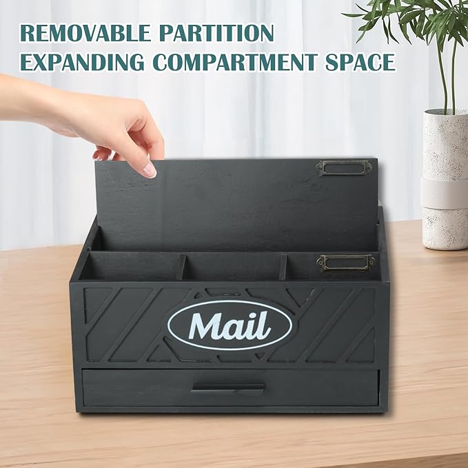 Wood Desktop Mail Organizer, Mail Organizer Countertop with 6 Compartments and Drawer, Wood Mail Holder Office Accessories for File Letter Paper Folder, Black