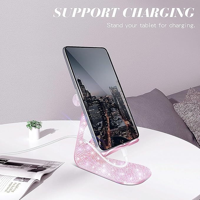 Bling Crystal Tablet Stand for Desktop,Glitter Adjustable Tablet Holder,Stand Dock Holder Compatible with iPad Pro 11,9.7,10.5,12.9 Air Mini 4 3 2, Kindle, Nexus,4-13" Tablets (Pink)