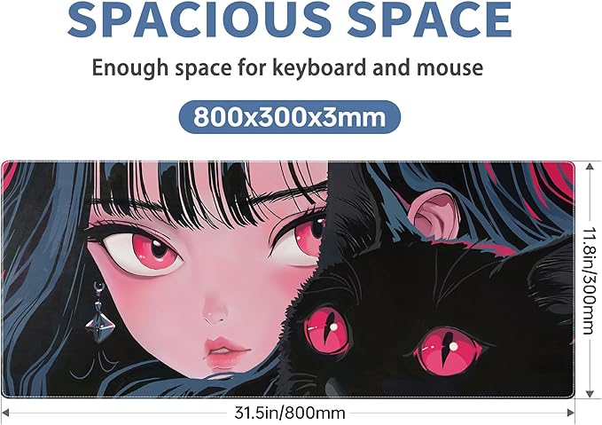 Cute Girl Cat Mouse Pad Anime Large Desk Mat Extended Keyboard Mouse Pad Kawaii Mousepad with Non-Slip Base and Stitched Edge Gaming Mouse Mat Desk Pad 31.5 X 11.8 in Mouse Pads for Desk Home Office