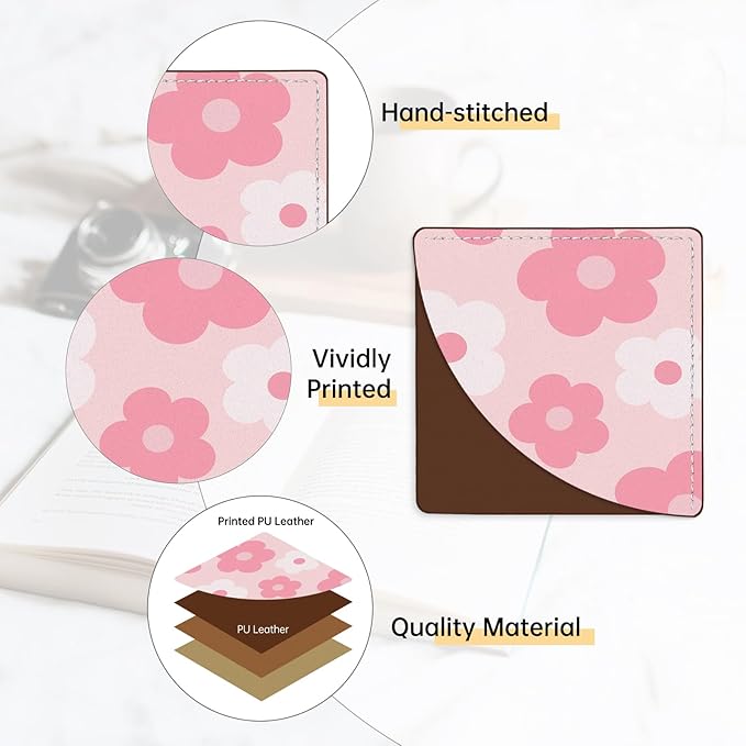 2 Pack Flower Leather Book Corner Bookmark, Durable Handmade Reading Accessories - Gifts for Readers, Women, Men, Teachers, Students 6