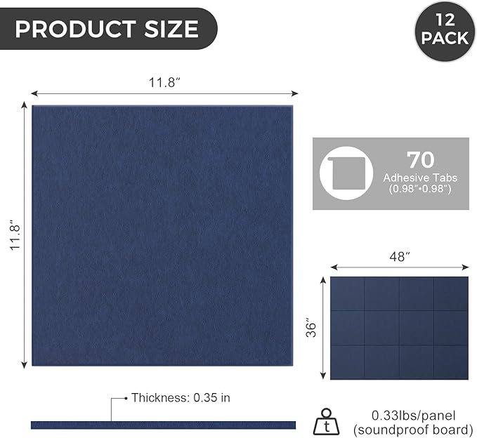 Large Felt Bulletin Board Tiles 48" x 36" Cork Board Alternative 12 Pack with 70 Adhesive Tabs Felt Wall Tiles Cork Boards for Walls Thick Slat Wall Panels for Home Office Classroom Decor