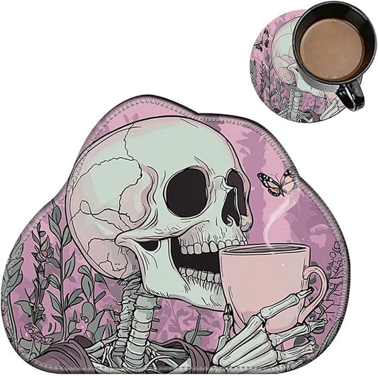 Cute Mouse Pad Plus 1 Coaster, Small Gaming Mouse Mat 11.8 x 9.45 inches, Travel Mouse Pads with Durable Stitched Edges Non-Slip Base, Skull Coffee Pink Decor Mousepad for Office Home