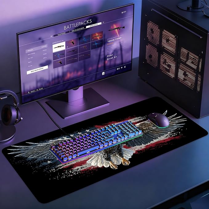 Desk Mat, XXL Extended Gaming Pad for Desktop, 35x16 Inches Patriotic Bald Eagle US Flag Design, Large Non-Slip Vegan Leather Surface with Stitched Edges, Keyboard Mouse Mat for Home Office