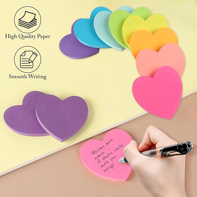 Heart Sticky Notes 8 Colors 100 Sheets/Pad, 800 Sheets Colorful Self-Stick Note Pads Stationary Cute Desk Accessories Office School Teacher Supplies Teacher Gifts