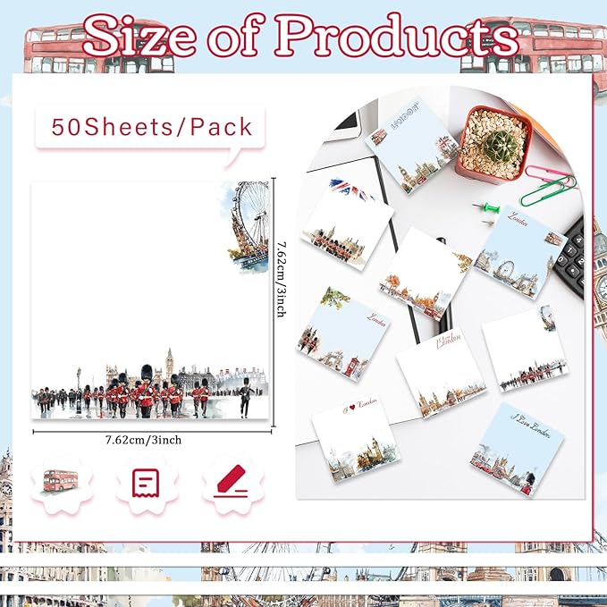 London Sticky Notes Gifts - 9 Pack Watercolor London City Notepads 3x3 Inches, Traveler Souvenirs Self-Stick Memo Pad Office School Supplies for Students Coworkers (450 Sheets)