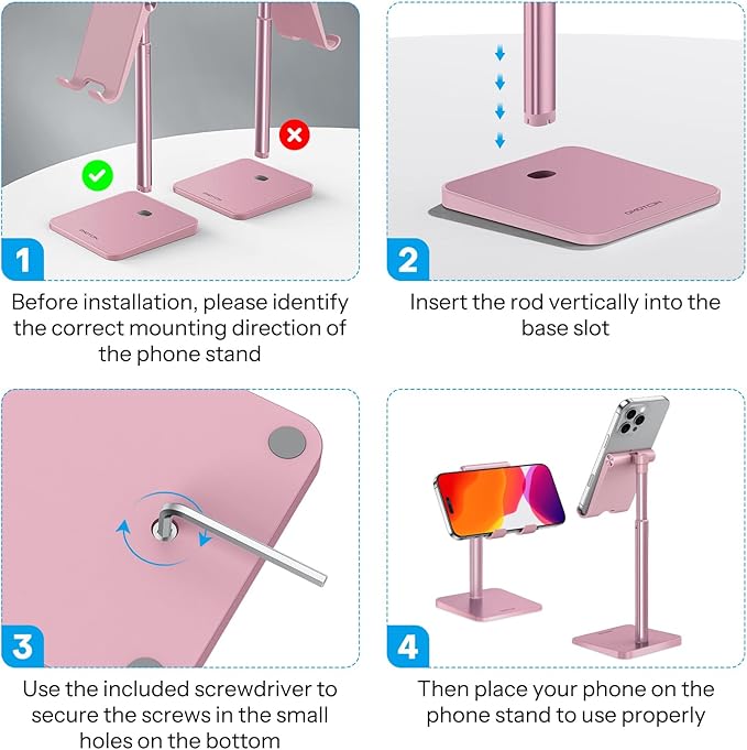 Cell Phone Stand, OMOTON Adjustable Angle Height Desk Phone Dock Holder for iPhone Air/17 Pro Max/XS Max/XR, Samsung Galaxy S20 / S10 / S9 / S8 and Other Phones (3.5-7.0-Inch), Rose Gold