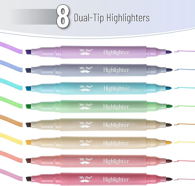 Mr. Pen- Dual Tip Highlighters, Assorted Colors, 8 Pack, Fine & Chisel Tip, Cute Highlighter Pens, Markers