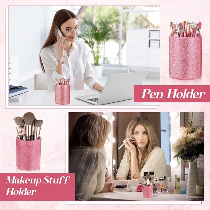 Sabary 8 Pcs Pink Pens with Pen Holder for Desk Glitter Crystal Diamond Cute Ballpoint Fancy Pencil Holder Bling Desk Organizer for Women Girls Gifts School Office Valentine Supplies