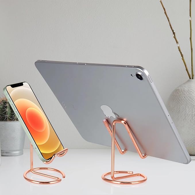 2 Pack Cell Phone Stand for Desk, Cute Metal Rose Gold Cell Phone Stand Holder Desk Accessories, Compatible with All Mobile Phones, iPhone, iPad