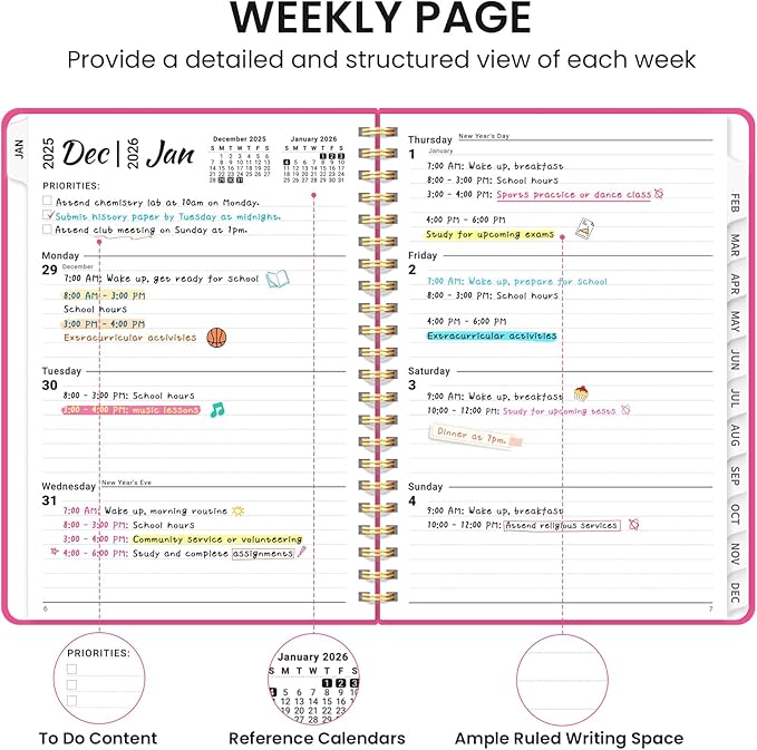 2026 Planner, Weekly and Monthly Calendar Planner, January 2026 - December 2026, Hardcover 2026 Calendar Book with Tabs For Women & Men, Inner Pocket, Spiral Bound, Perfect for Office Home School Supplies - A5 (6.3" x 8.5"), Berry Pink