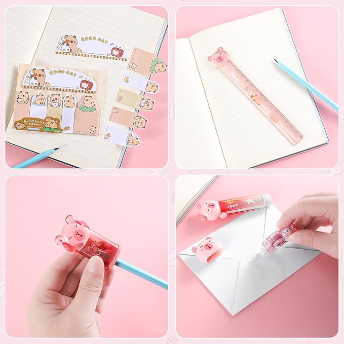 9 Pcs Cute Capybara Stationary Set Kawaii School Supplies Japanese Stationery, Includes Pencil Sharpener, Eraser, Correction Tape, Glue Tape, Sticky Notes, Ruler, Scissors for Office School Supplies