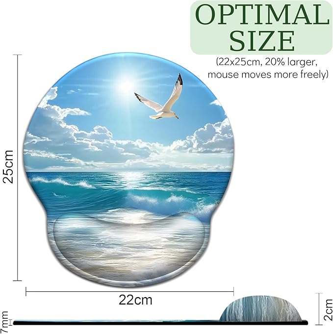 Beach Ocean Wave Mouse Pad with Wrist Rest, Ergonomic Mouse Pad Wrist Support with Non-Slip Pain Relief PU Base, Funny Computer Mousepad, Cute Office Supplies Home Desk Accessories Decor