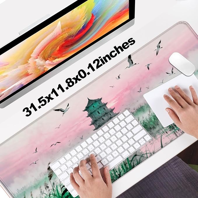 Fantasy Green Tower and Egret XL Large Desk Mat, Extended Long Desk Pad for Gaming and Office, Non-Slip Rubber Base, Comfortable Surface Mouse Pad, 31.5x11.8 in (H24)