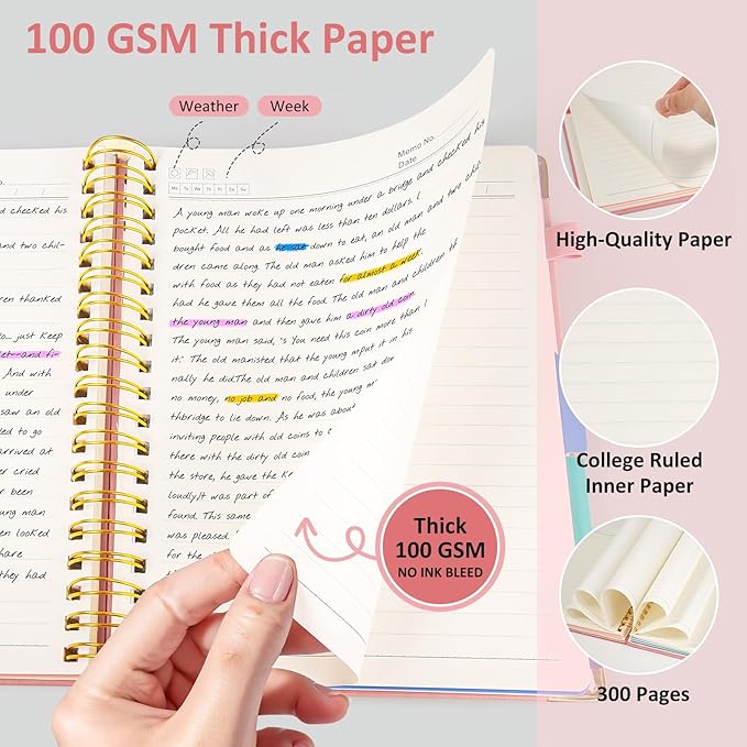 Hardcover Spiral Notebook Journal with Removable PVC Dividers - 8'' x 10'' Large 300 Page B5 Hardcover Leather College Lined Journals Notebook for Work Note Taking Office Home School Supplies, Pink