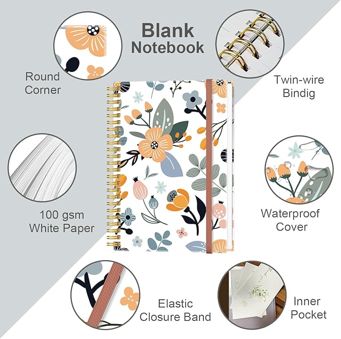 Heveboik A5 Blank Notebook - 70 Sheets/140 Pages Blank Paper Notebook, 100 GSM Thick White Paper, 5.8" x 8.3" Spiral Blank Journal, Flowers
