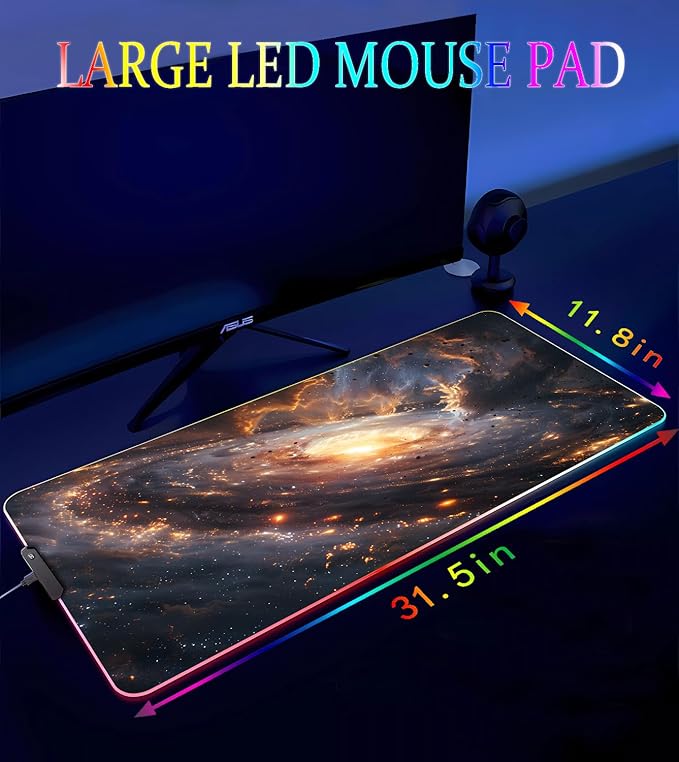 RGB Gaming Mouse Pad, Large Mousepad with Led Light, Gaming Accessories Keyboard Pad for Desk, Non-Slip Rubber Base Big Mouse Mat for Gamer, 31.5 X 11.8 Inch, Golden Galaxy