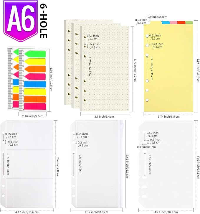 LEOBRO A6 Refill Paper, 3 Pack 45PCS A6 Dotted Loose Leaf Paper, with Page Markers, Label Stickers, Binder Pockets Dividers, 6 Ring Filler Paper Insert Refill for Planner Binder Notebook Journal